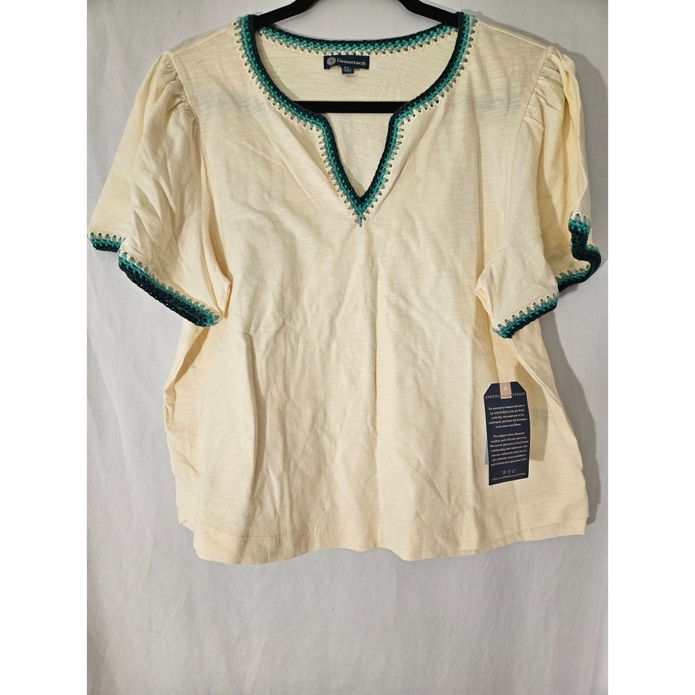 Democracy Women's Ivory Cream Boho Top Green Crochet Trim Short Sleeve, Size PL